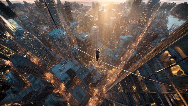 Dizzying aerial of tightrope walker above city grid at sunset, fearless balance, ambition, and urban wonder in a breathtaking travel‑meets‑lifestyle scene.