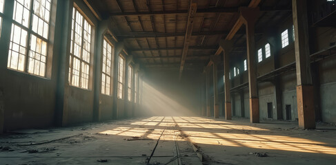 Large empty industrial room with high ceilings, broken floors. Sunlight streams through many tall windows, casting bright shadows across vast area. Old forgotten factory hall shows, sense of history.