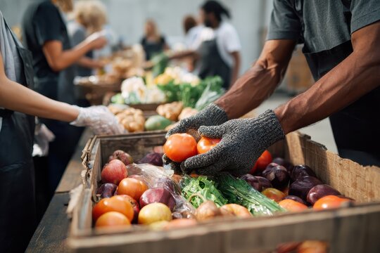 Nonprofit organization volunteers gather to sort fresh produce for community food distribution in urban food pantry during afternoon hours - Powered by Adobe