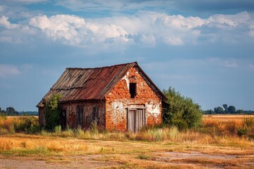Obraz premium Old brick barn standing in the Polish countryside under a cloudy sky surrounded by golden grasses and gentle hills