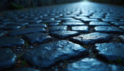 Plakat Dark blue cobblestone path goes into distance. Wet stone texture shows water drops, green grass, dirt between rough blocks. Light shines ahead, creating moody ancient road. Old medieval street