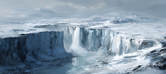 Dramatic icy waterfall cascading over a frozen cliff edge in a vast, desolate, and snowcovered arctic landscape under a gray sky