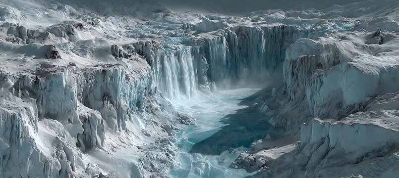 Dramatic aerial view of a massive glacial waterfall cascading down an icy cliff face into a turbulent pool below - Powered by Adobe