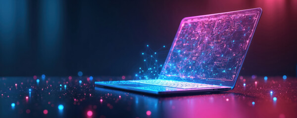 Futuristic laptop with holographic wireframe screen displays complex data network. Glowing blue and pink lights illuminate abstract digital connections. Modern technology concept.