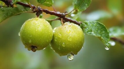 Close up of Two Green Apples on a Branch with Water Droplets Fresh Green Leaves in Soft Focus Blurred Background