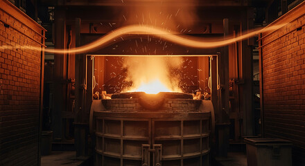 A vibrant crucible of molten metal glows with fiery intensity, illuminated by dynamic energy streams, depicting the raw power and transformative heat of heavy industry and modern manufacturing