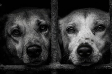Realistic view of kennel dogs looking through bars, capturing their expressions at a local animal shelter during the evening hours