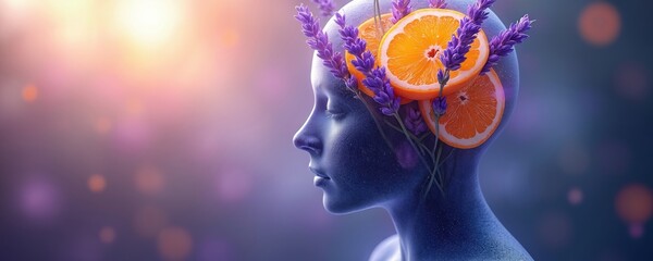Conceptual art presents citrus slices, lavender flowers around face. Evokes fragrance therapy with fresh fruits, herbs. Spa treatment stimulates brain activity. Represents alternative medicine,
