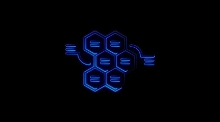 Blue Neon Hexagonal Grid with Lines on Black Background image photo