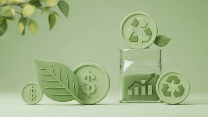 Eco-friendly finance and growth concept with recycle symbols, coins, and plant leaves