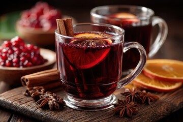 Enjoying a cozy evening with delicious mulled wine served in glass mugs on a rustic wooden table adorned with spices and fruit