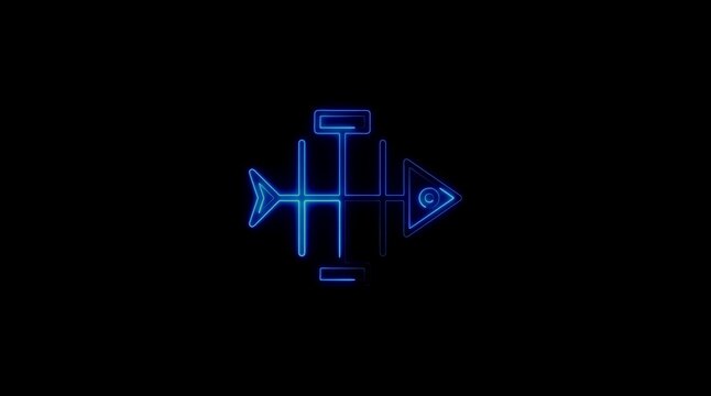 Blue Neon Fishbone Diagram with Arrow on Black Background cause and effect Ishikawa diagram