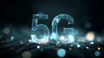 Futuristic 5G Digital Network with Glowing Plexus and Abstract Bokeh Lights