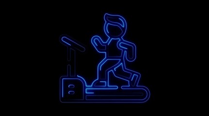 Blue Neon Silhouette of a Person Running on a Treadmill on Black Background fitness male