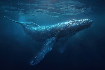 Majestic humpback whale swimming gracefully in deep ocean waters, showcasing its grandeur and beauty beneath the waves in a tranquil underwater environment