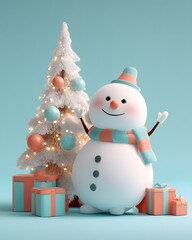 Cute 3D snowman waving beside decorated Christmas tree with glowing ornaments and colorful gift boxes simple open space