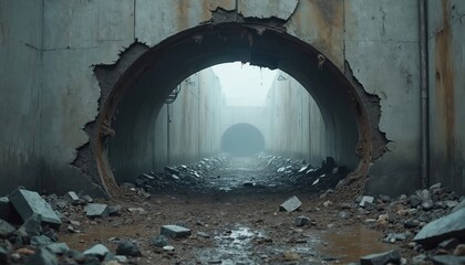 Fototapeta premium Broken concrete tunnel interior with rubble debris on ground. Cracked wall reveals inner structure and dark passage ahead. Gloomy atmosphere hints at disaster or ruin.