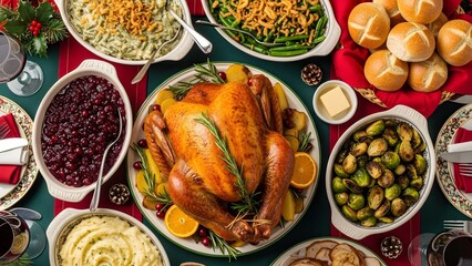 thanksgiving turkey dinner, roast turkey with potatoes and vegetables, food on wooden table, thanksgiving dinner feast on table, roasted turkey holiday meal, festive christmas dinner spread