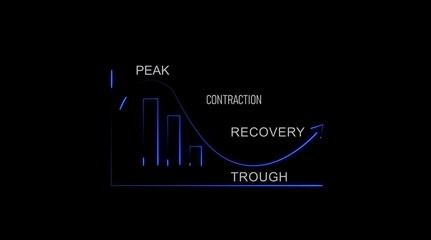 Neon blue economic cycle graph showing peak contraction recovery and trough on a black background chart