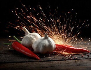 Spicy garlic and peppers with sparks