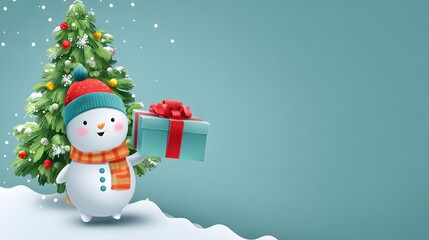 Cute rounded 3D snowman under cartoon style Christmas tree giant gift box background left blank