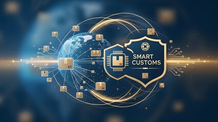 Conceptual representation of smart customs technology integrating global logistics and supply chain networks for enhanced efficiency and security in international trade