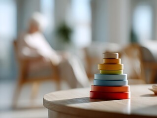 Wooden stacking rings in focus with an elderly person blurred in the background, symbolizing cognitive decline and memory loss in a minimal conceptual style