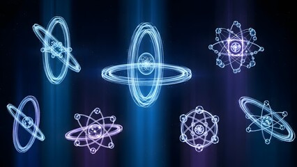 Abstract glowing atomic symbols on a dark background with blue and purple hues, symbolizing science and discovery
