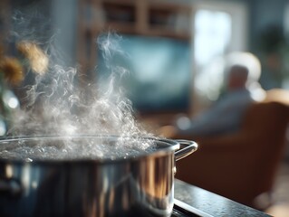 Boiling pot with rising steam in the foreground and an elderly person unfocused behind it, symbolizing household safety risks and dementia-related forgetfulness