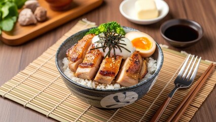Delicious Japanese Chicken Rice Bowl with Egg and Garnish, Close