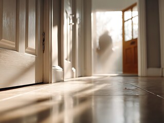 Light shining through an open door with an elderly silhouette stepping outside, symbolizing wandering behavior and dementia-related disorientation