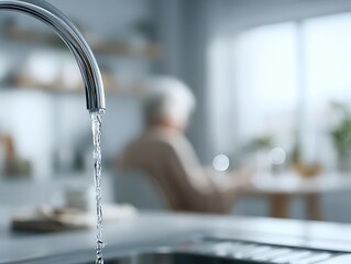 Running tap water in sharp focus with an elderly person blurred behind it, symbolizing forgetfulness, unattended utilities, and dementia-related household risks