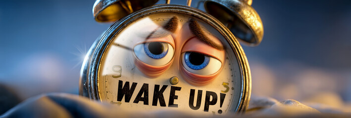Extreme close-up of a vintage alarm clock with sleepy eyes and a dial that says “Wake Up!”, against a blue background with copy space. Generative Ai.