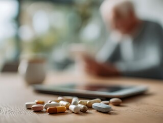 Scattered medication on a table with an elderly person reading in the background, symbolizing dementia management, treatment complexity, and daily routine dependence