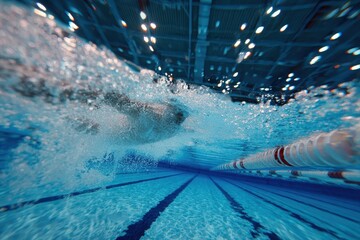 Professional swimmer competing in an intense indoor race at a fully equipped aquatic center with bright lighting and clear water