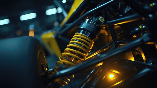 Close-up of a race car's suspension and shock absorber with yellow spring, black frame, and glowing lights