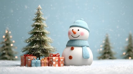 Obraz premium Shiny high detail 3D snowman and Christmas tree snowy ground gift boxes balanced blank area