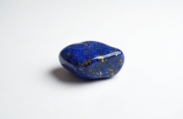 Close up photo shows polished lapis lazuli stone on white backdrop. Blue gemstone has golden flecks. Jewel rock texture isolated on surface.