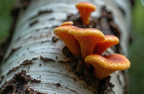 Close up vibrant orange shelf mushrooms grow on white birch tree bark. Colorful fungi appear on trunk surface. Forest environment shows natural life cycle of wild plants, wood decay. Fungus vital for
