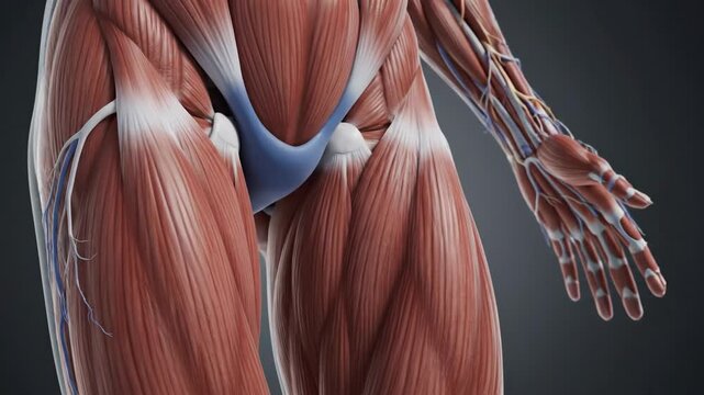 Anatomical illustration of human knee joint and muscle structure