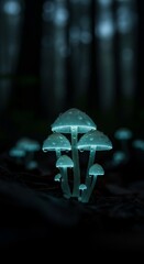 Enchanting bioluminescent fungi illuminating a mysterious woodland scene.