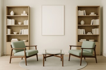 Fototapeta premium Minimalist interior design concept with mid-century modern furniture, bookshelves, and blank frame on wall in calming neutral tones. Ai generative
