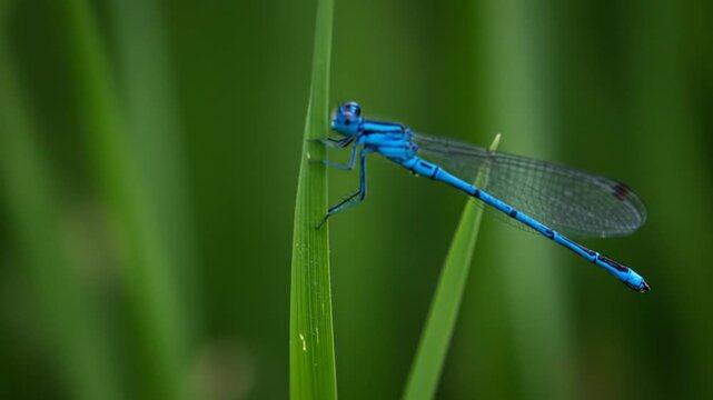 Blue damselfly perching on green grass with blurred background
