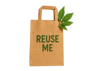 Paper shopping bag promoting reuse and environmental responsibility, featuring green leaves and transparent background for versatile use