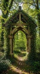 Obraz premium Enchanting Stone Archway in Lush Green Forest, Natures Embrace.