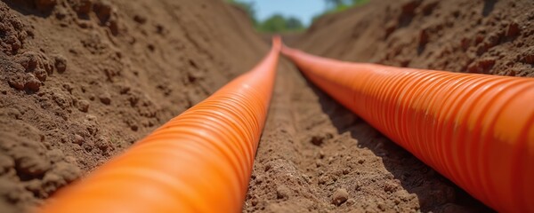 Bright orange corrugated plastic pipes lie in deep ground trench on sunny day. Durable tubes ready for underground water, sewage, cable protection systems for modern city living. New urban