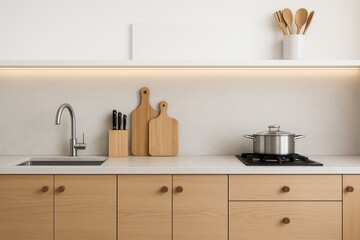 Minimalist kitchen interior with wooden cabinets, utensils, and modern stove in neutral tones on white background, showcasing clean design concept. Ai generative