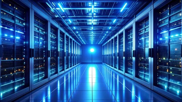 Server Room Data Center: Blue Lights and Technology