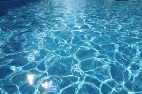 Clear and inviting blue pool water reflecting sunlight on a warm day, showcasing a tranquil and refreshing environment for relaxation and leisure activities outdoors - Powered by Adobe