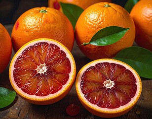 Ripe blood oranges with green leaves close up
